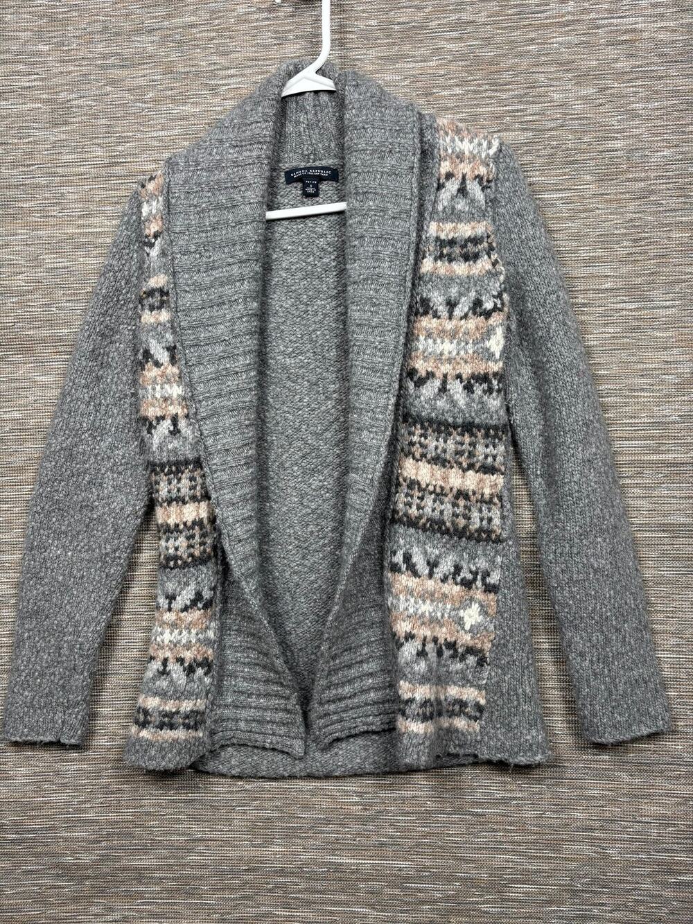 Banana Republic Cardigan Sweater Womens Petite S Gray Fair Isle Wool Alpaca